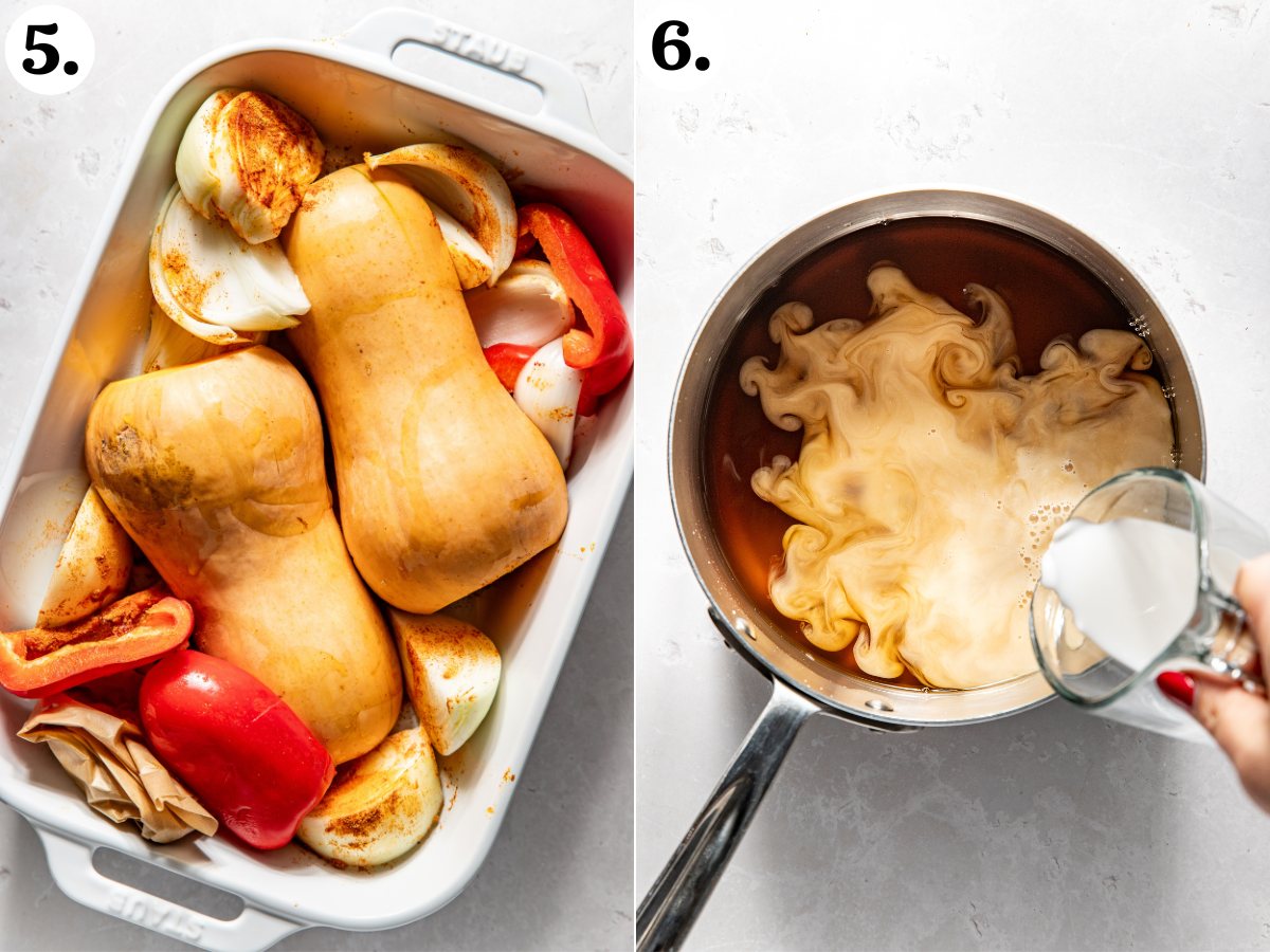 Tray of veggies being shown after roasting, and coconut-broth mixture being heated in a small saucepan.