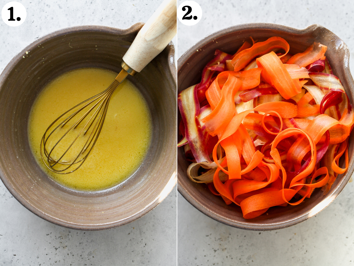 Dressing being whisked in a large mixing bowl, and shaved carrot strands being mixed in.
