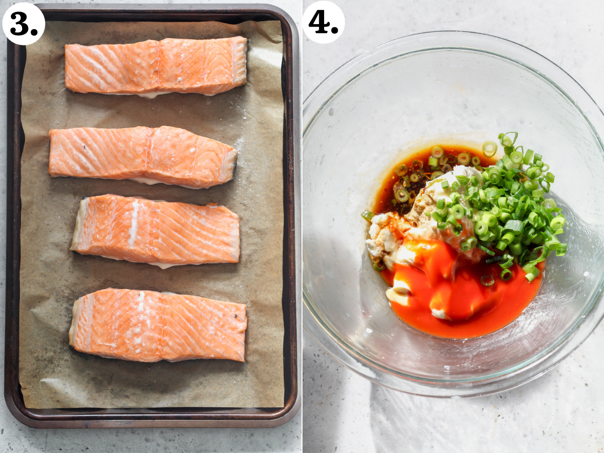 Four salmon fillets baked on a baking sheet, and salmon filling mixture being combined in a large clear glass mixing bowl.