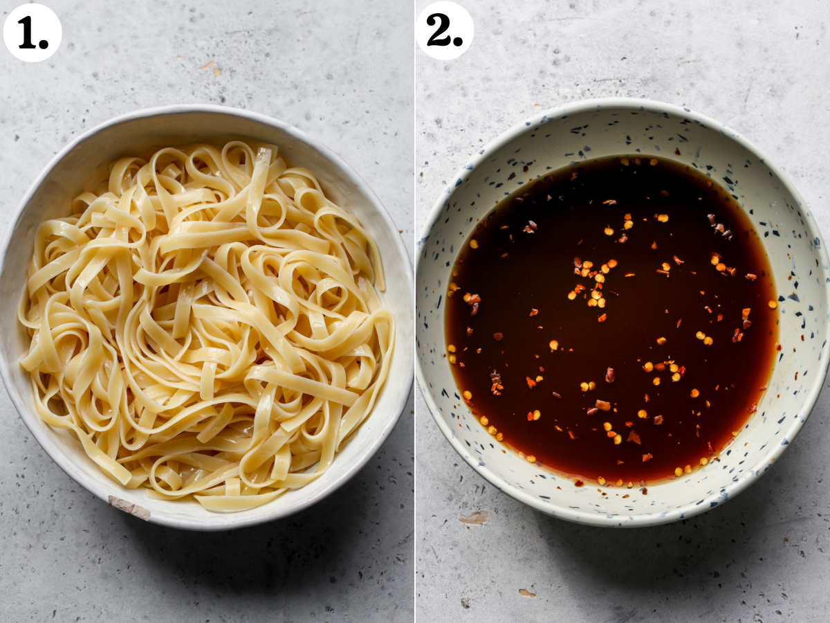 Cooked noodles being tossed in sesame oil in a bowl, and sauce mixture being combined in a separate white bowl.