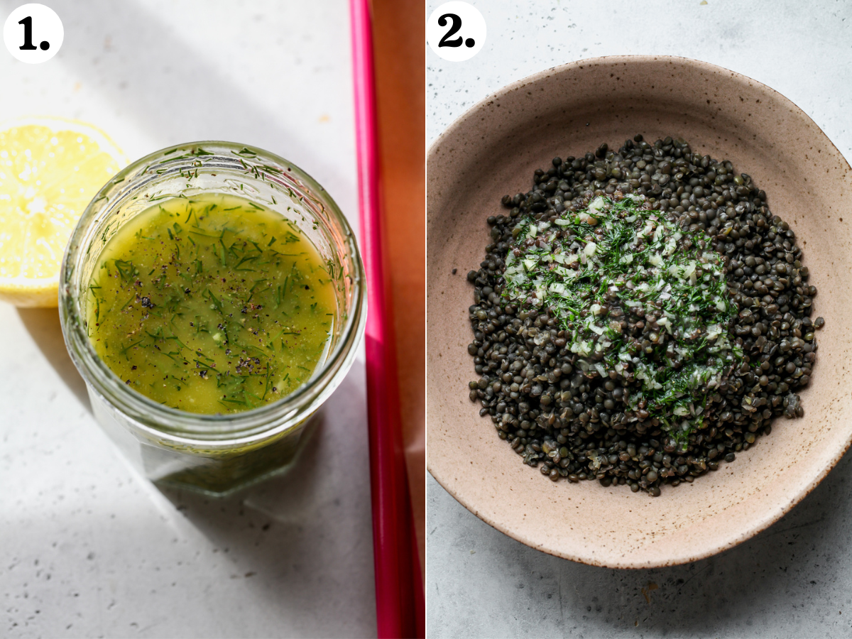 Lemon-dill dressing whisked in a glass jar and poured over a bowl of cooked black lentils.