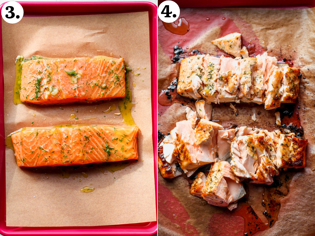 Two salmon fillets coated in lemon-dill sauce, broiled until crisp, and flaked into large pieces.