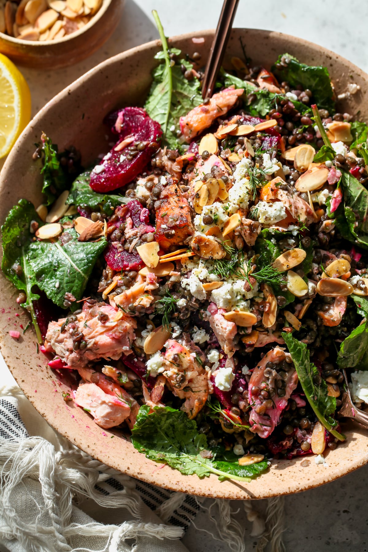 Salmon and Lentil Salad after being tossed in a large serving bowl.