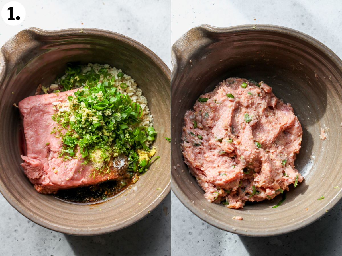 Ground chicken being mixed with aromatics, spices, panko, and egg in a large brown mixing bowl.