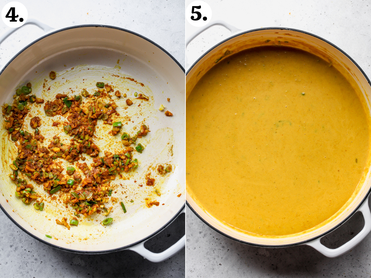 Turmeric, curry paste, coconut milk, peanut butter, and fish sauce added to skillet and simmered until the sauce is thick and golden.