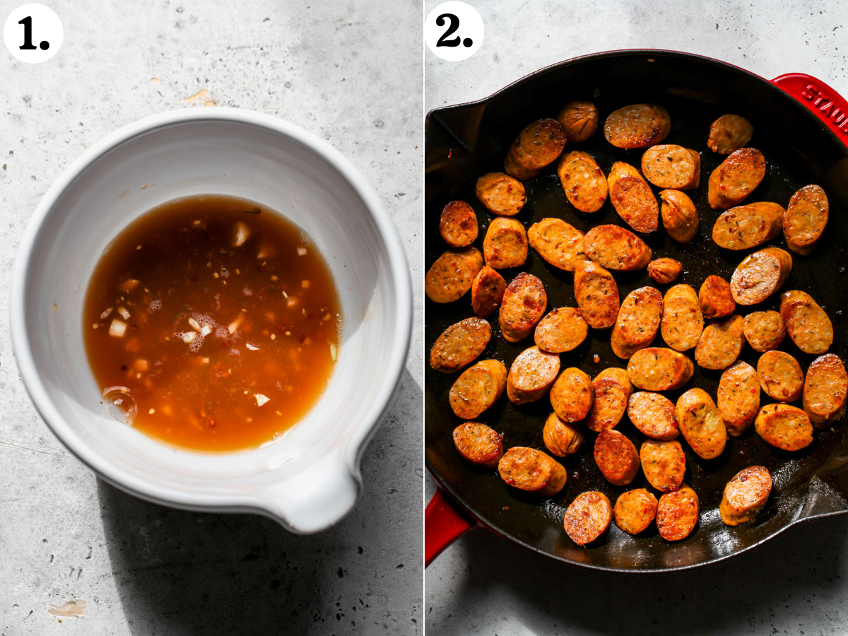 Cider glaze being mixed in a white bowl, and slices of chicken sausage being sautéed in a pan.