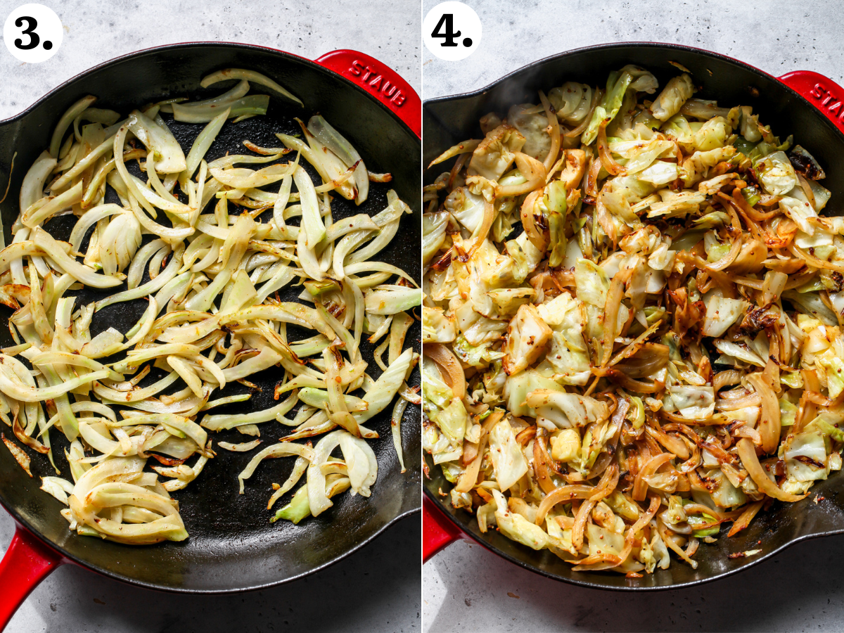 Thinly sliced fennel being sautéed in a pan, and cabbage being cooked down until soft.