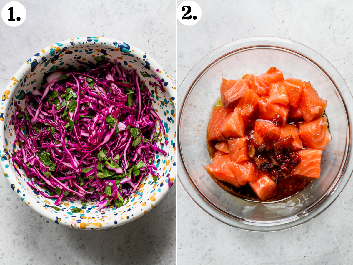 Red cabbage slaw being mixed in a bowl, and cubes of raw salmon being tossed in a honey-chipotle sauce in a clear mixing bowl.