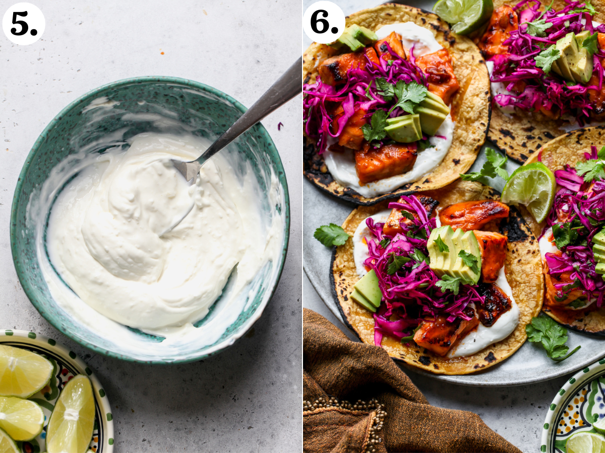 Crema being mixed in a blue bowl, and salmon tacos being assembled and styled on a round white platter.