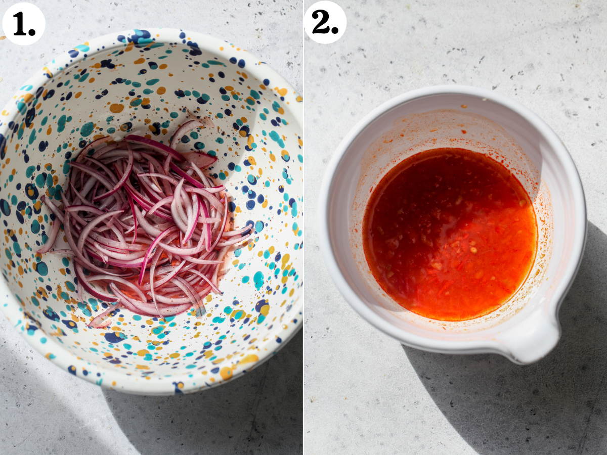 Thinly sliced red onions being pickled in a mixing bowl. Harissa-honey mixture being mixed in a small white bowl.