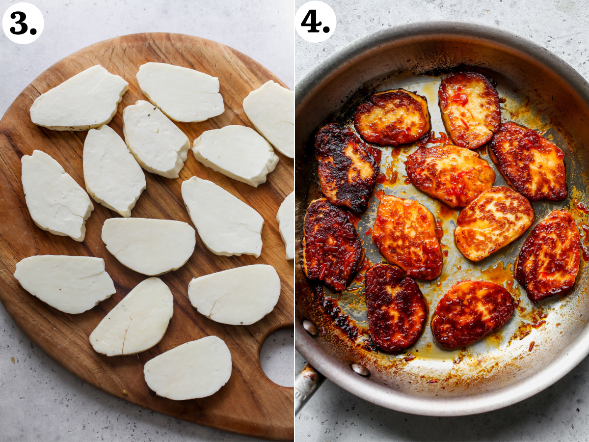 Halloumi slices arranged on a cutting board, and cooked in a large skillet with a honey-harissa glaze.