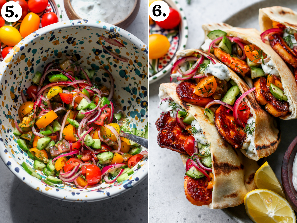Cucumber-tomato salad being mixed in a large speckled mixing bowl, and halloumi ptas being assembled.