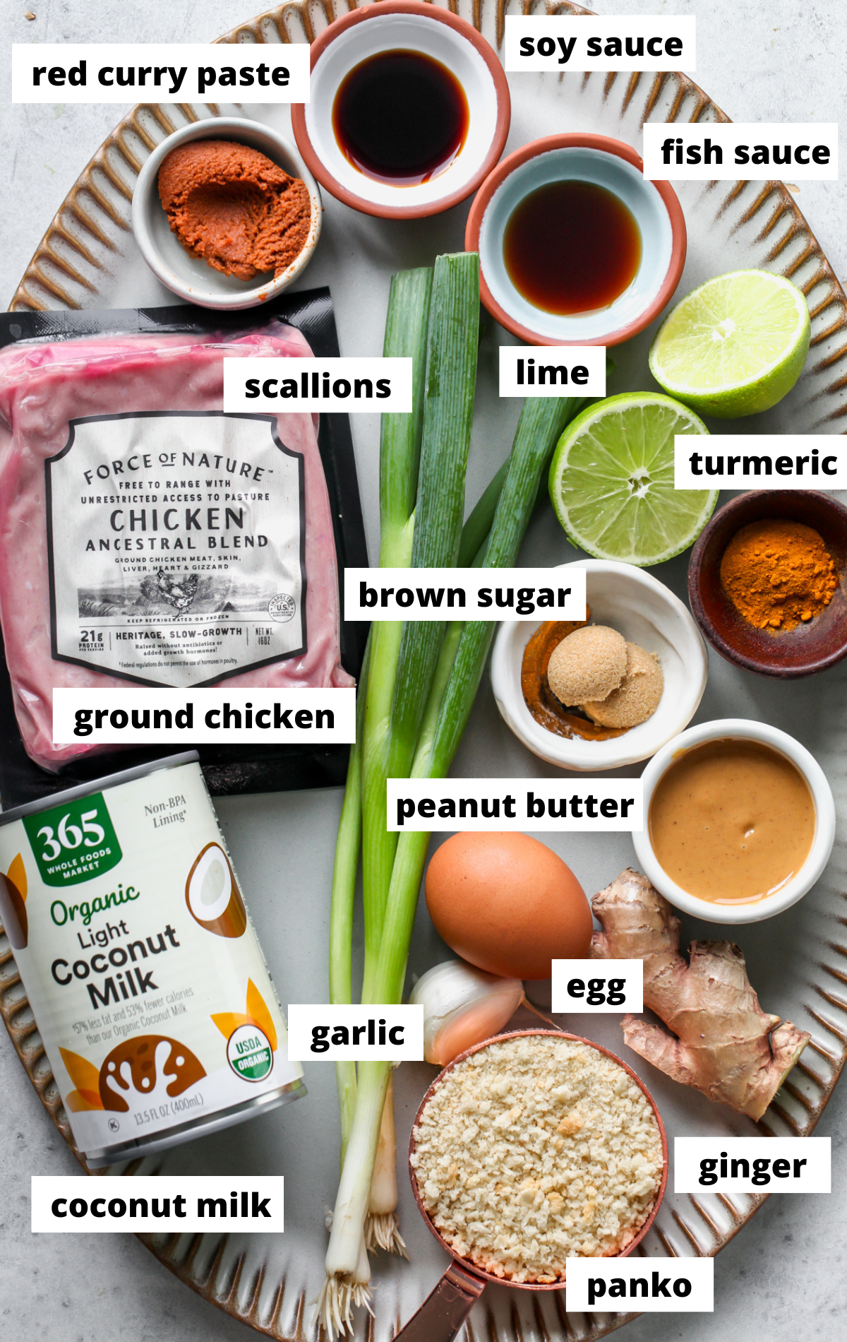 Recipe ingredients in separate bowls arranged on a platter with labels.