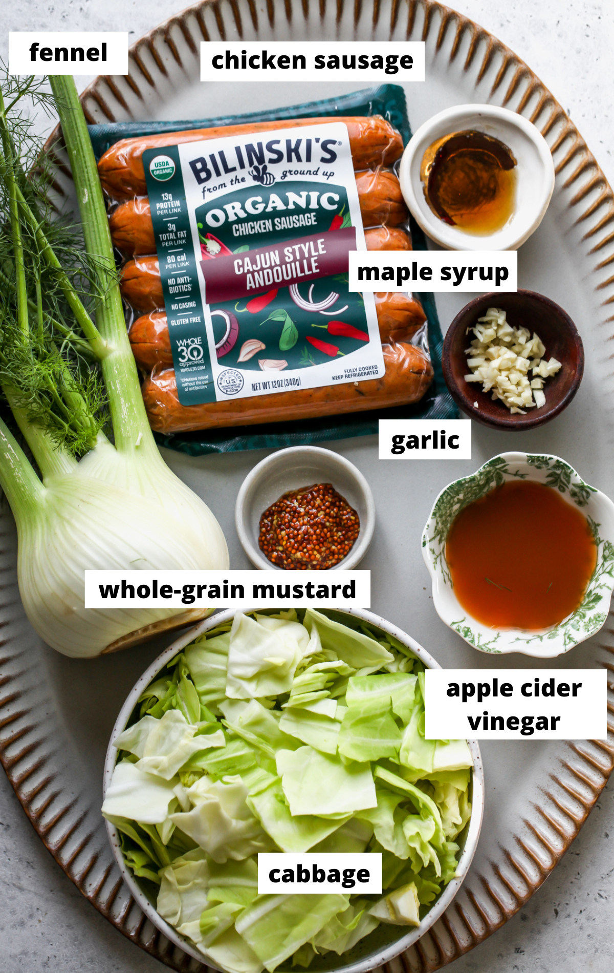 Recipe ingredients arranged on a large platter with labels.