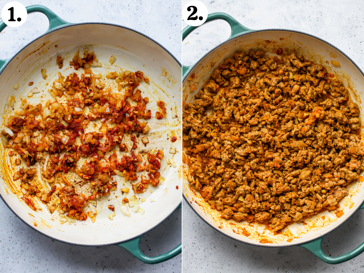 Aromatics being sautéed in a large sauté pan, and ground turkey being added in and browned.