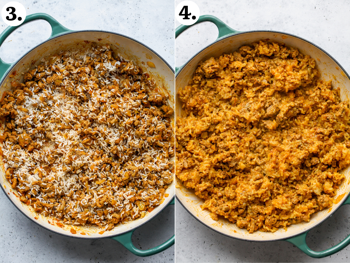 White rice and broth being added to pan and mixture simmered until cooked.