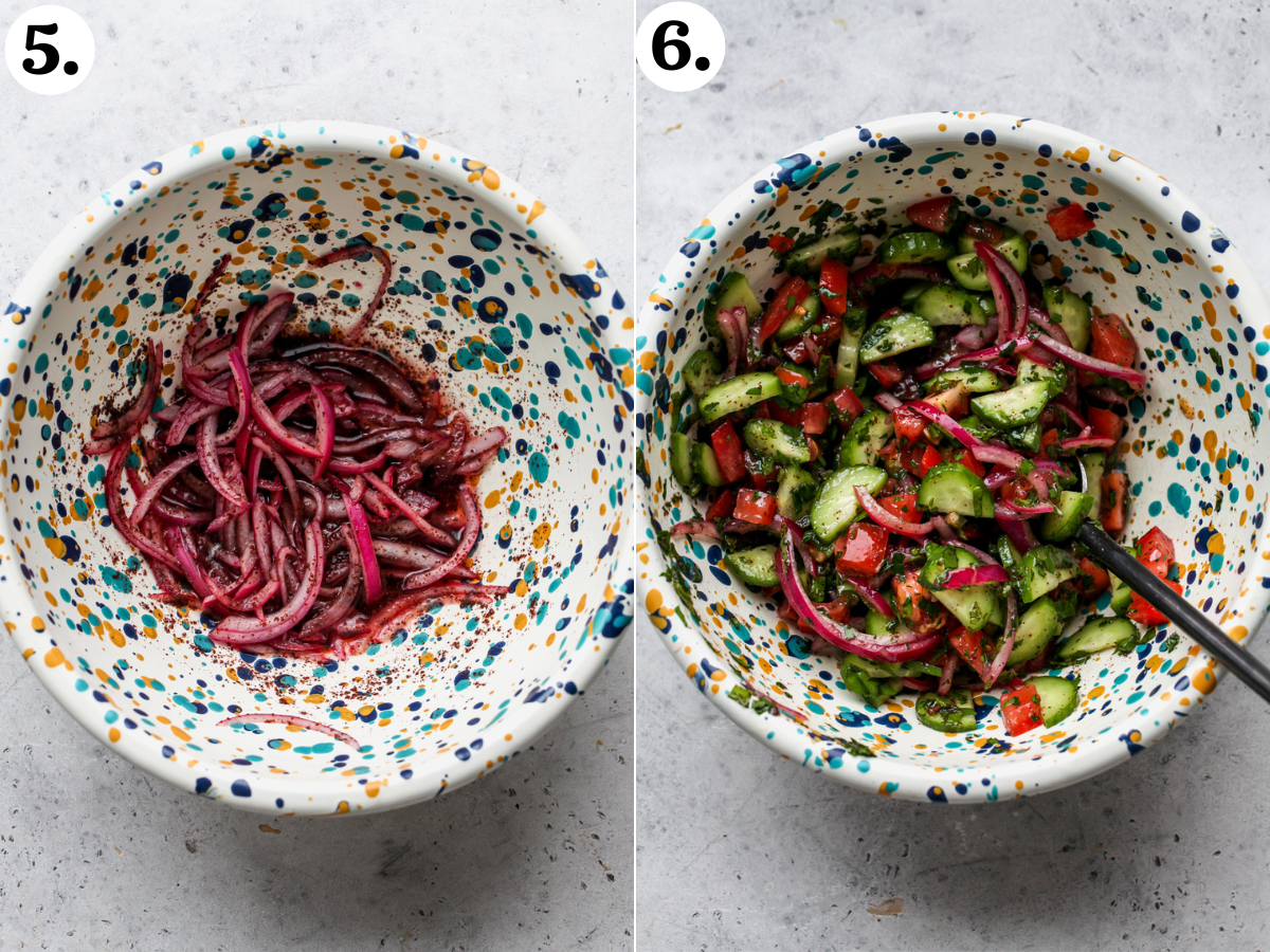 Thinly sliced red onion being pickled in a white speckled bowl, and remaining cucumber salad ingredients being mixed in.