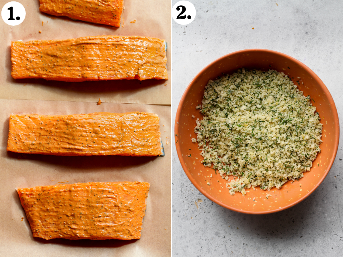 Dijon mustard brushed over salmon fillets on a baking sheet, and panko mixture mixed in an orange bowl.