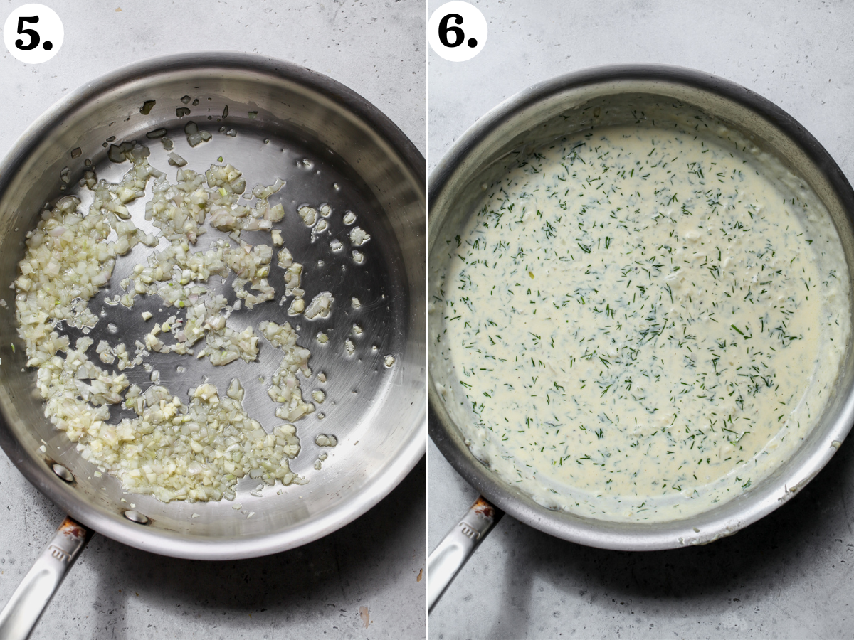 Shallots and garlic sautéed in a skillet, and broth and cream being added to create creamy lemon-dill sauce.