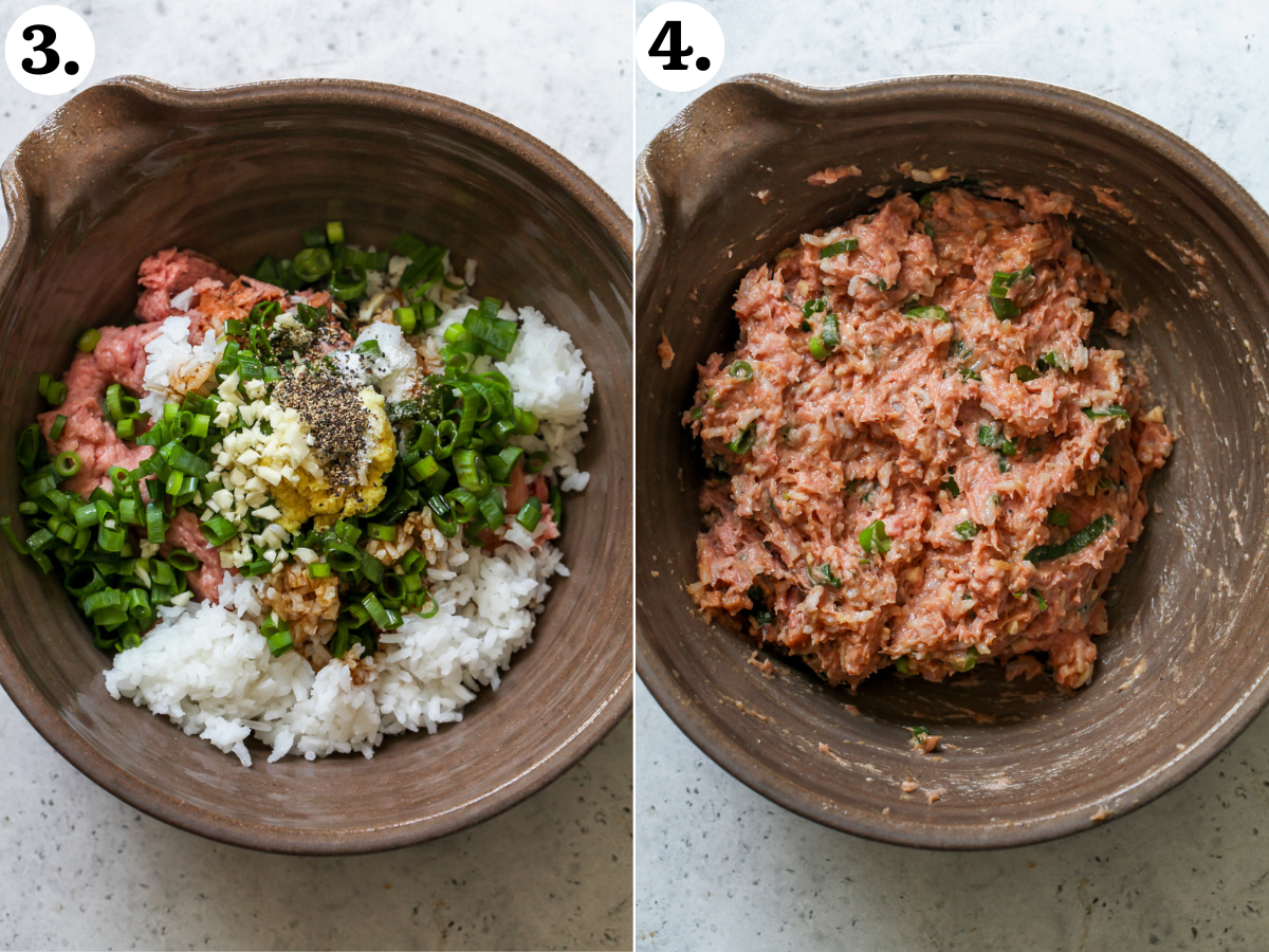 Ground chicken, rice, scallions, and seasoning being mixed together in a large mixing bowl.