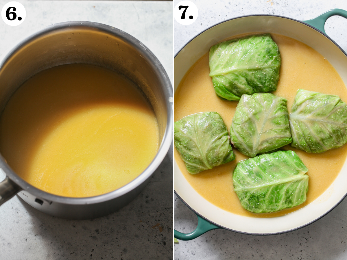 Miso butter sauce being simmered in a pot and poured over stuffed cabbage rolls in a sauté pan.