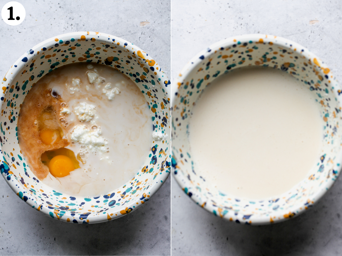 Wet ingredients (eggs, cottage cheese, milk, maple syrup, and vanilla) blended until smooth in a speckled mixing bowl.