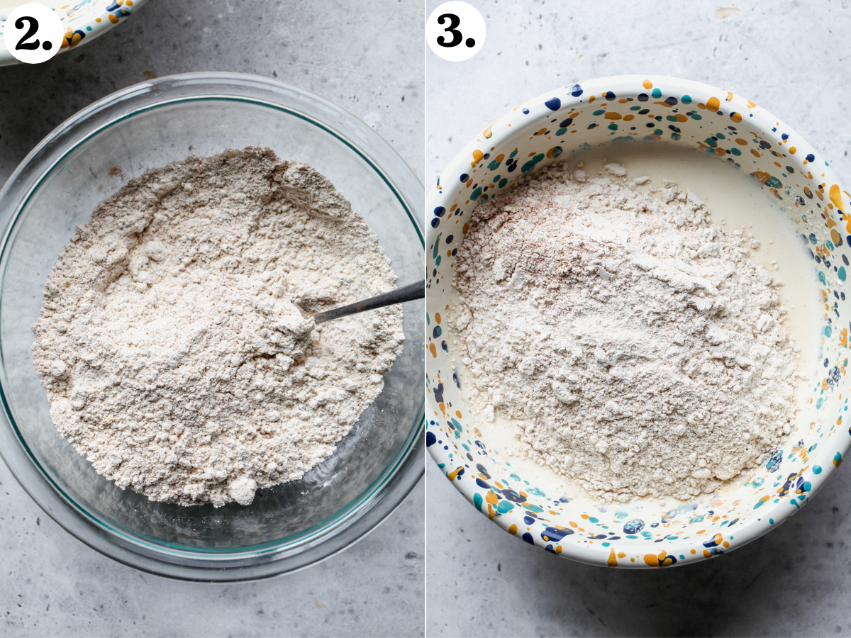 Dry ingredients (flour, baking powder, and spices) being mixed in a bowl and added to the bowl of wet ingredients.