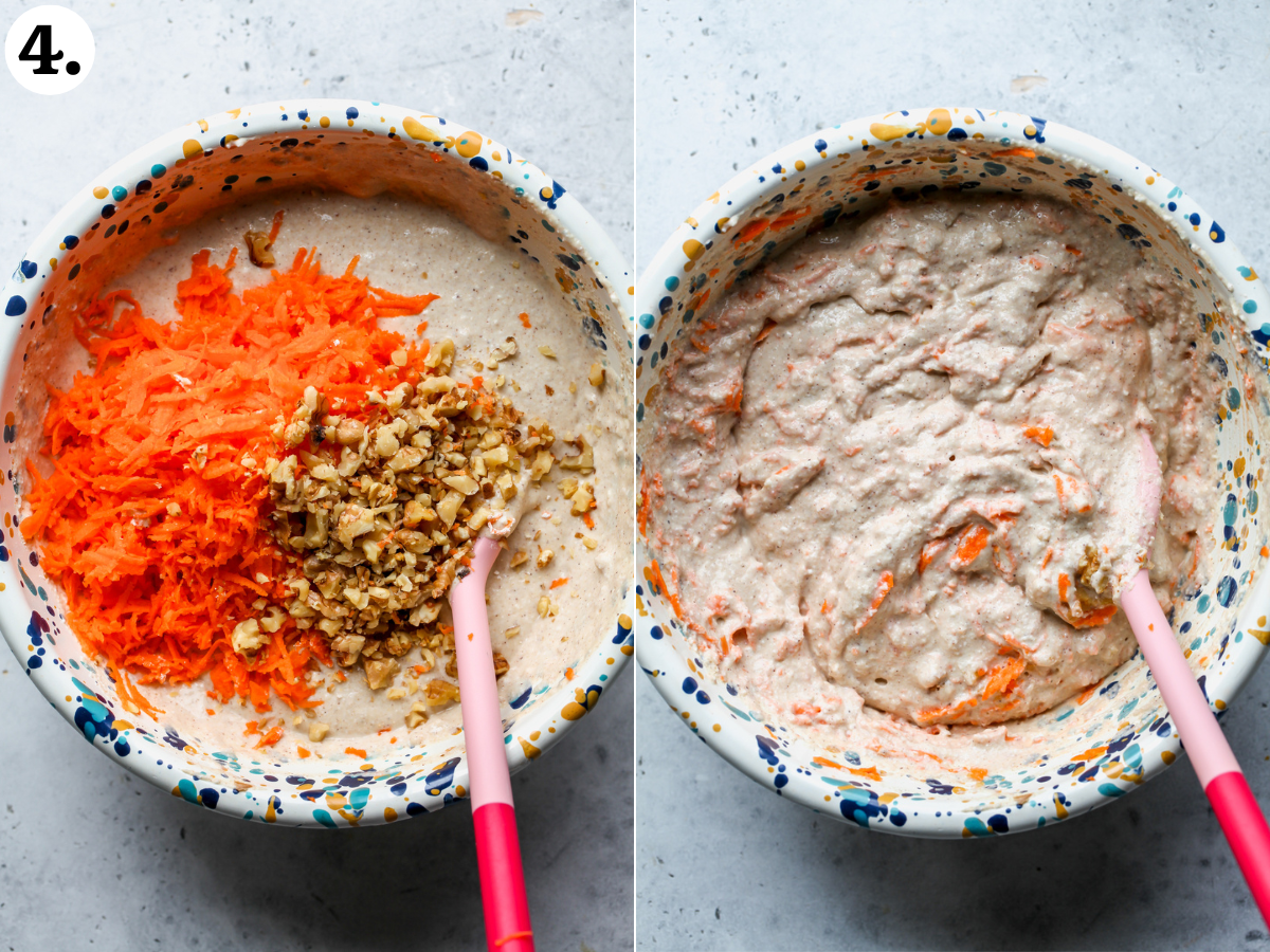Shredded carrots and chopped walnuts being mixed into pancake batter in a speckled mixing bowl.