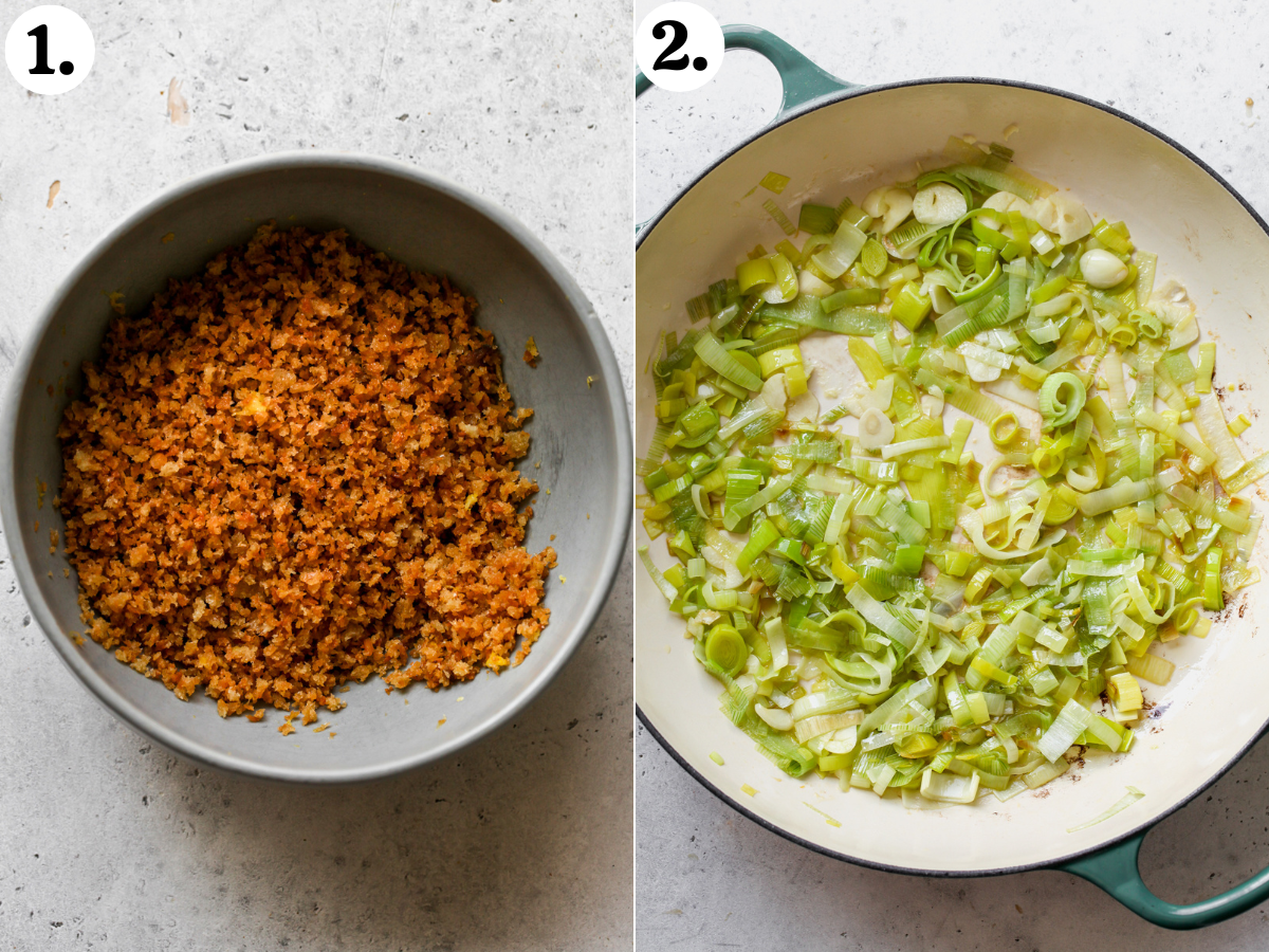 Crispy anchovy breadcrumbs in a gray bowl, and sliced leeks being caramelized in a pan.