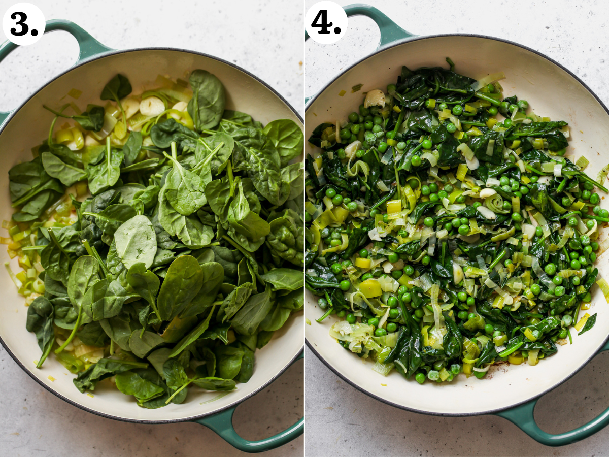 Spinach and green peas being added to a pot of sautéed leeks.