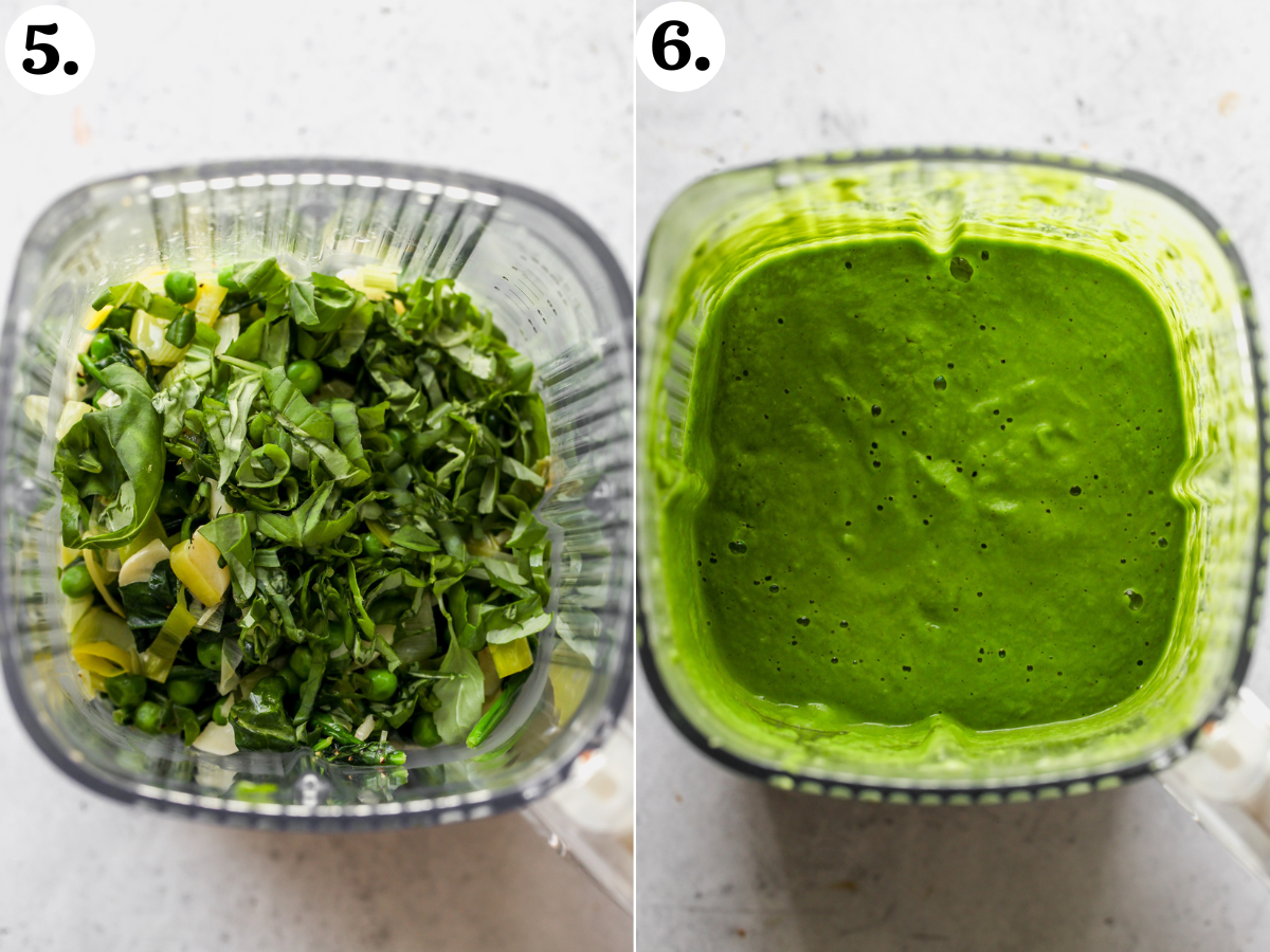 Veggies being added to a blender with lemon juice and fresh basil and blended until smooth.