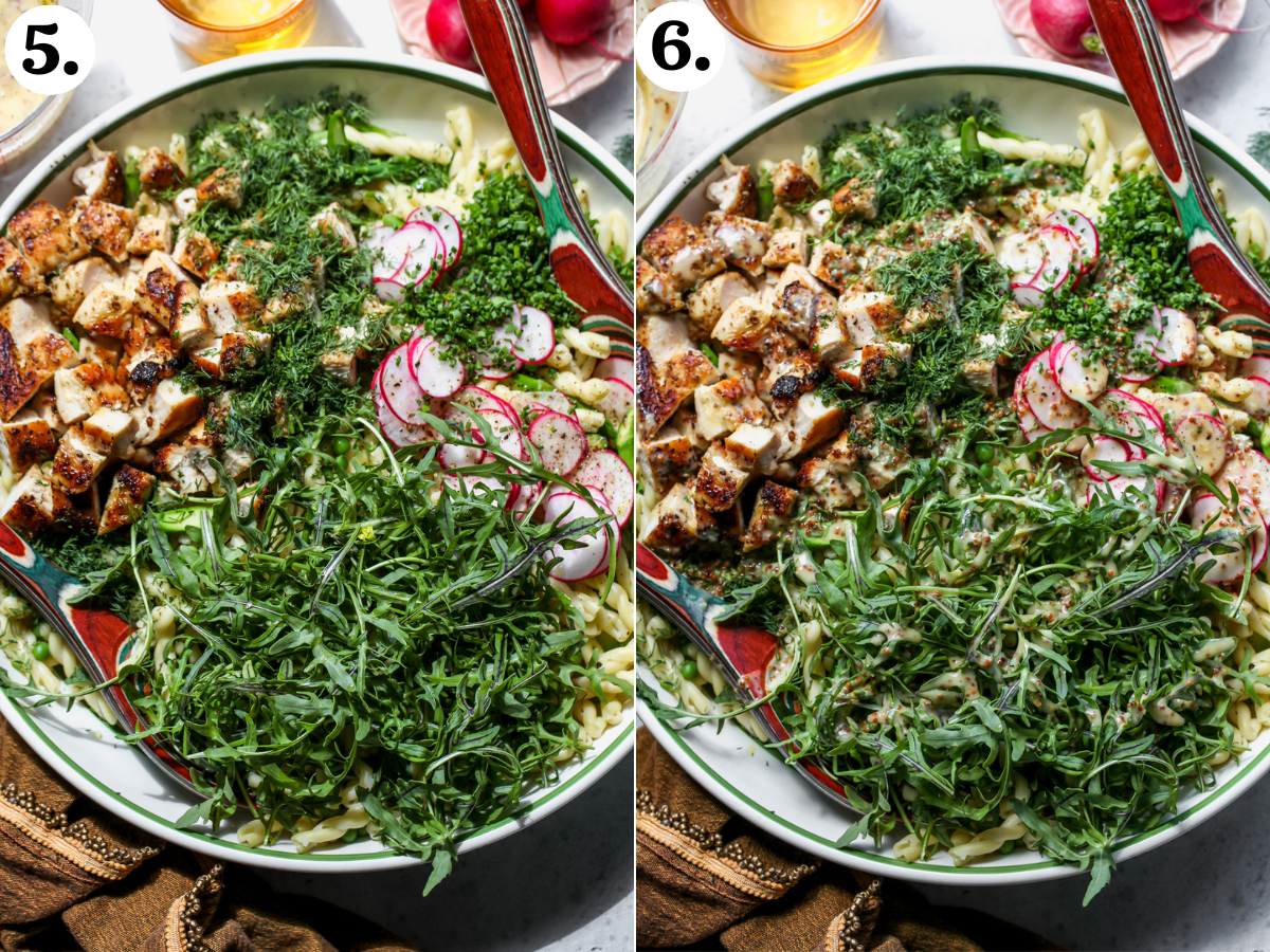 Pasta salad ingredients being added to a large mixing bowl and honey mustard dressing being poured overtop.