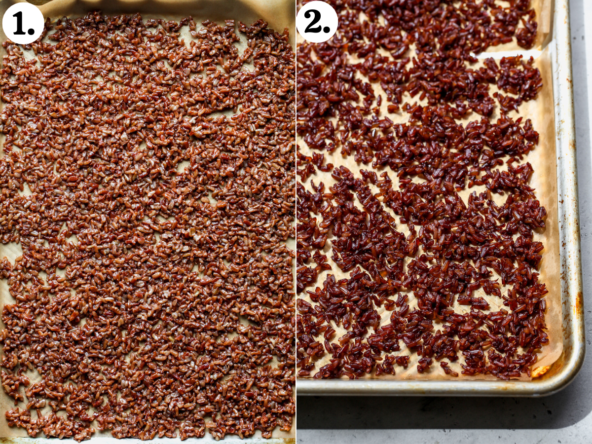 Red rice being tossed in oil and tamari and roasted until crisp on a baking sheet.