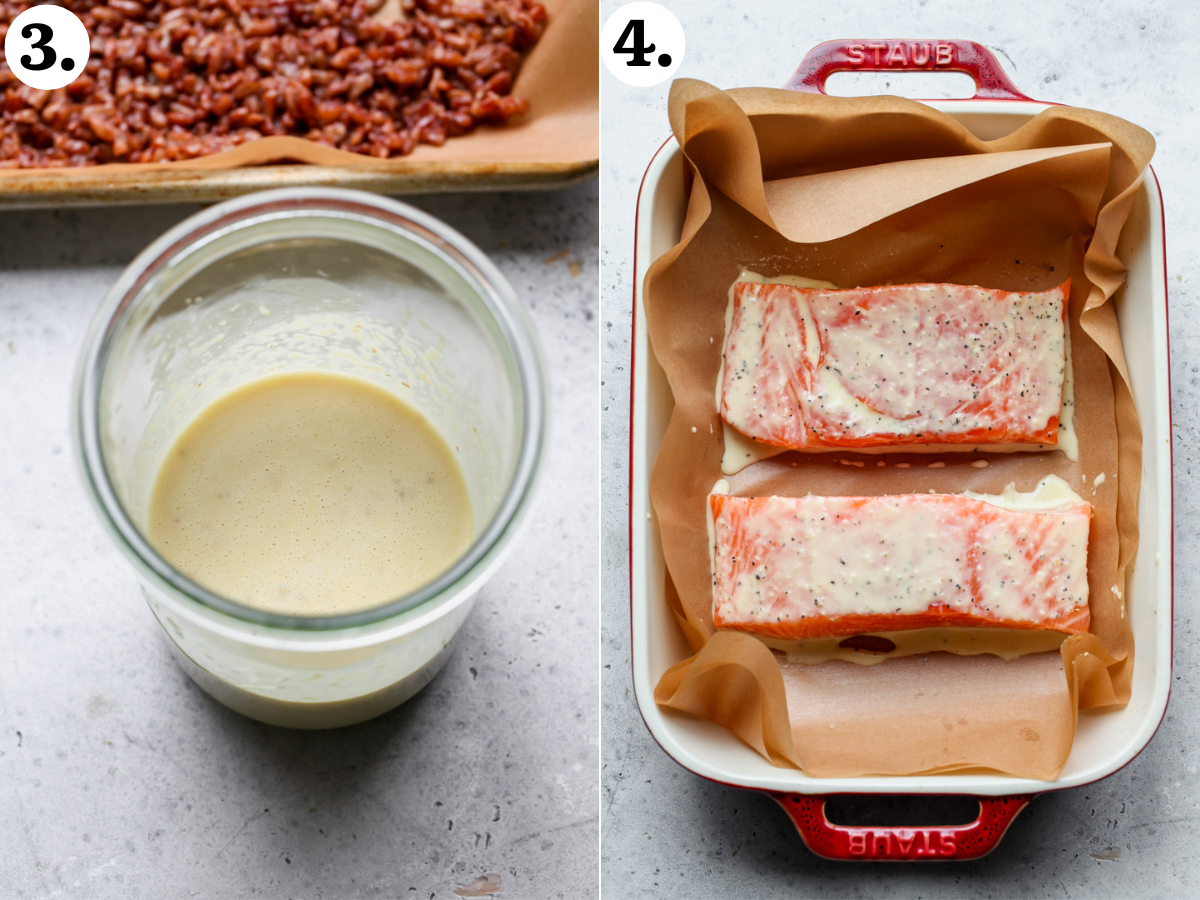 Miso-ginger dressing mixed in a glass jar and brushed over two salmon fillets in a baking dish.