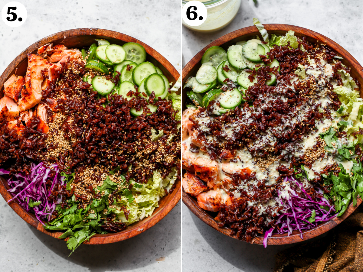 Cabbage, cucumbers, salmon, cilantro, crispy rice, and sesame seeds combined in a large bowl, and dressing drizzled overtop.