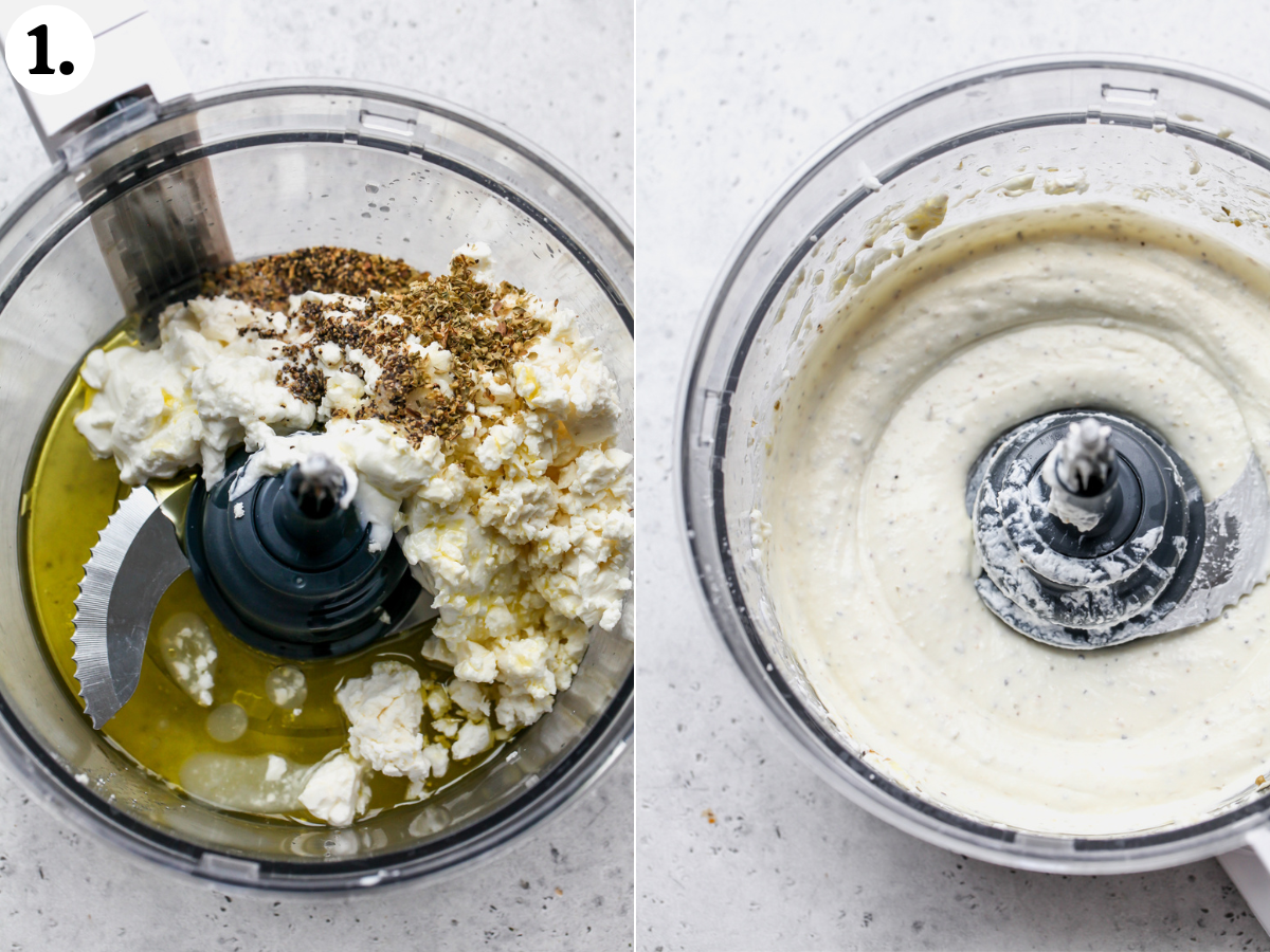 Feta, yogurt, olive oil, oregano, and lemon juice blended until smooth in a food processor.