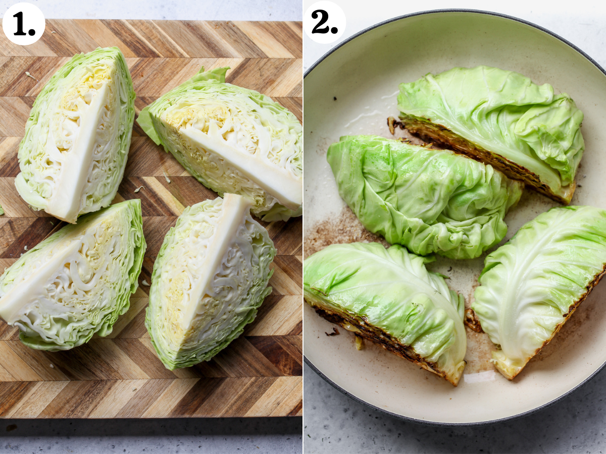 Green cabbage being sliced into 4 wedges and seared in a large skillet.