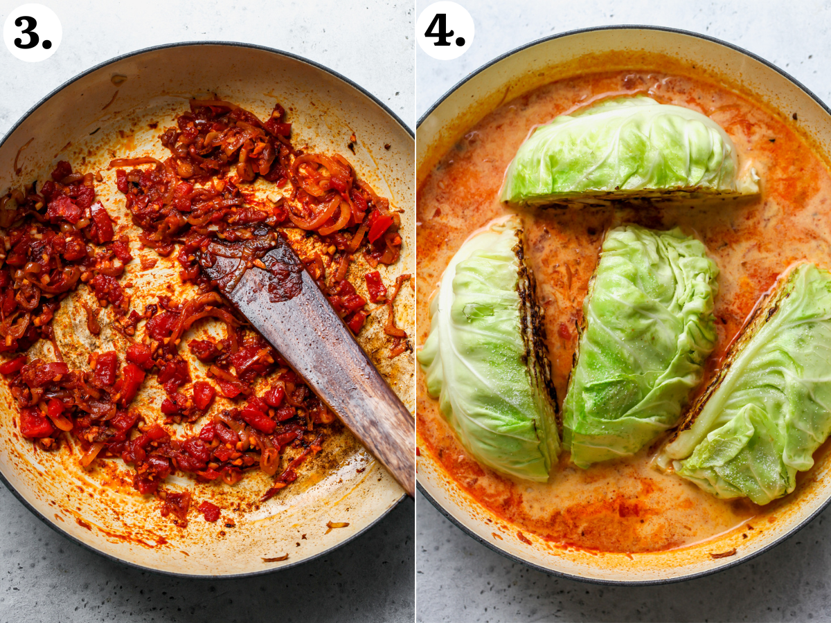 Aromatics being sautéed in a pan and cabbage wedges being nestled back in before braising.