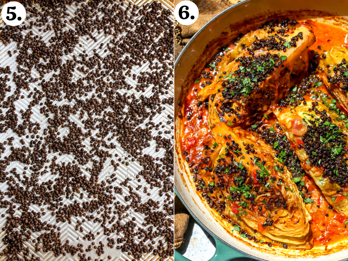 Crispy black lentils on a baking sheet after roasting.