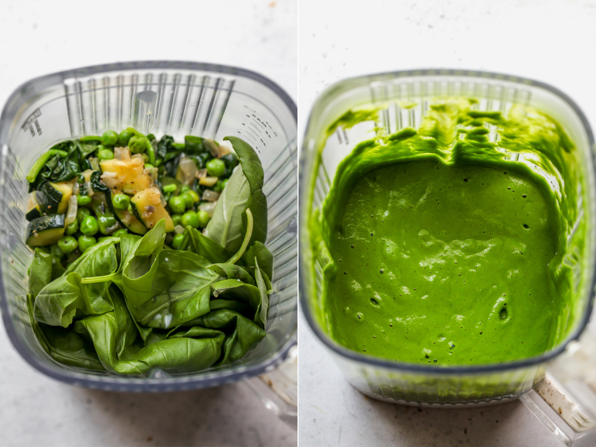 Green goddess sauce being blended until smooth in a countertop blender.