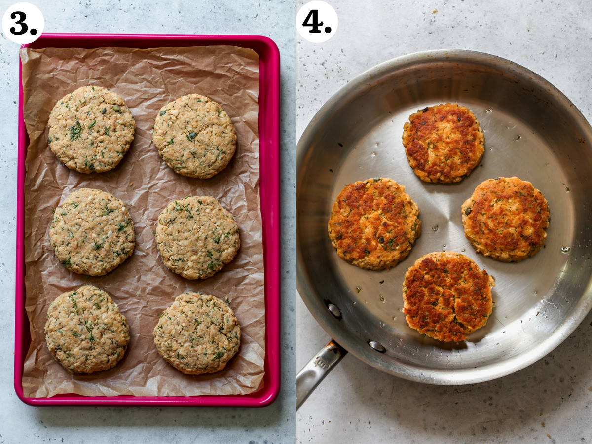 Salmon mixture formed into patties on a baking sheet, and seared in a skillet until golden.