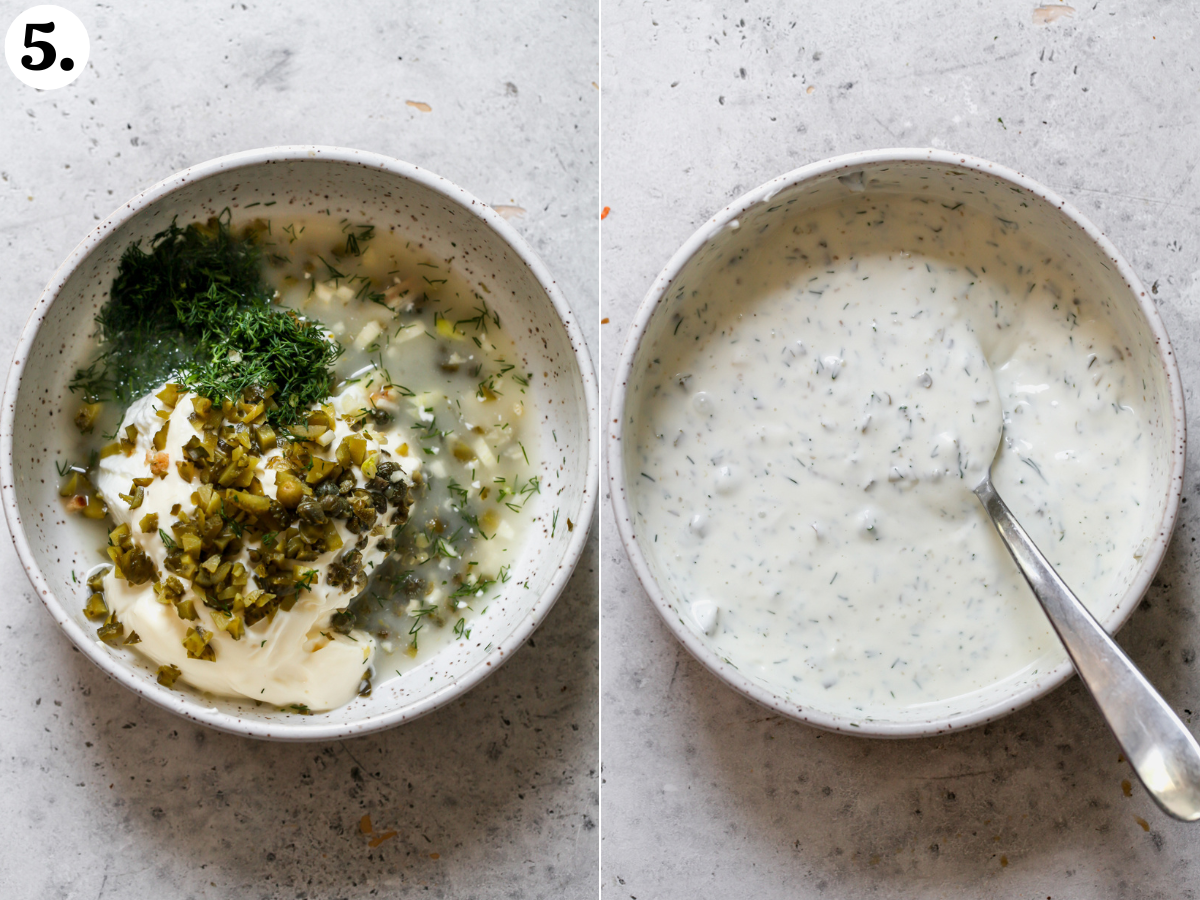 Lemony tartar sauce being mixed until smooth in a small white mixing bowl.