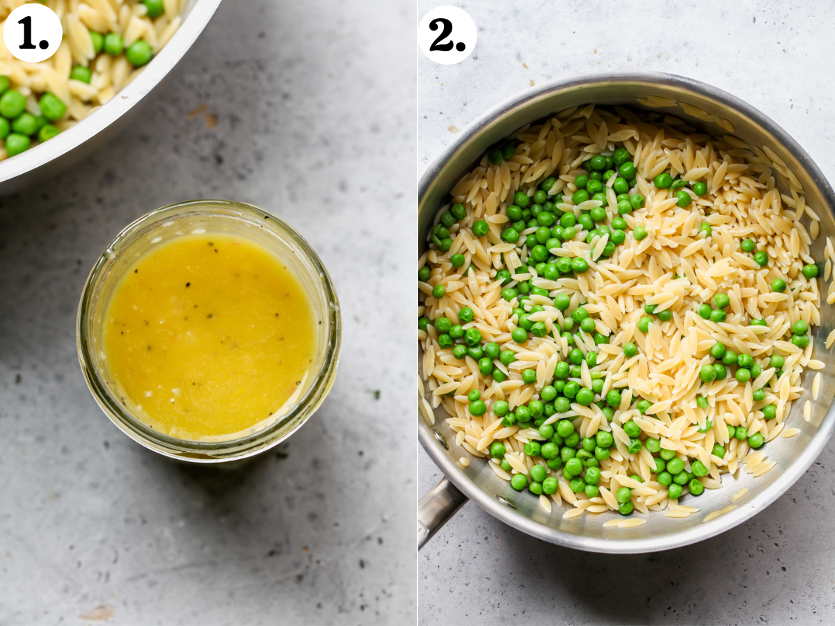 Lemon-shallot dressing in a jar after mixing, and cooked orzo pasta and green peas in a saucepan.