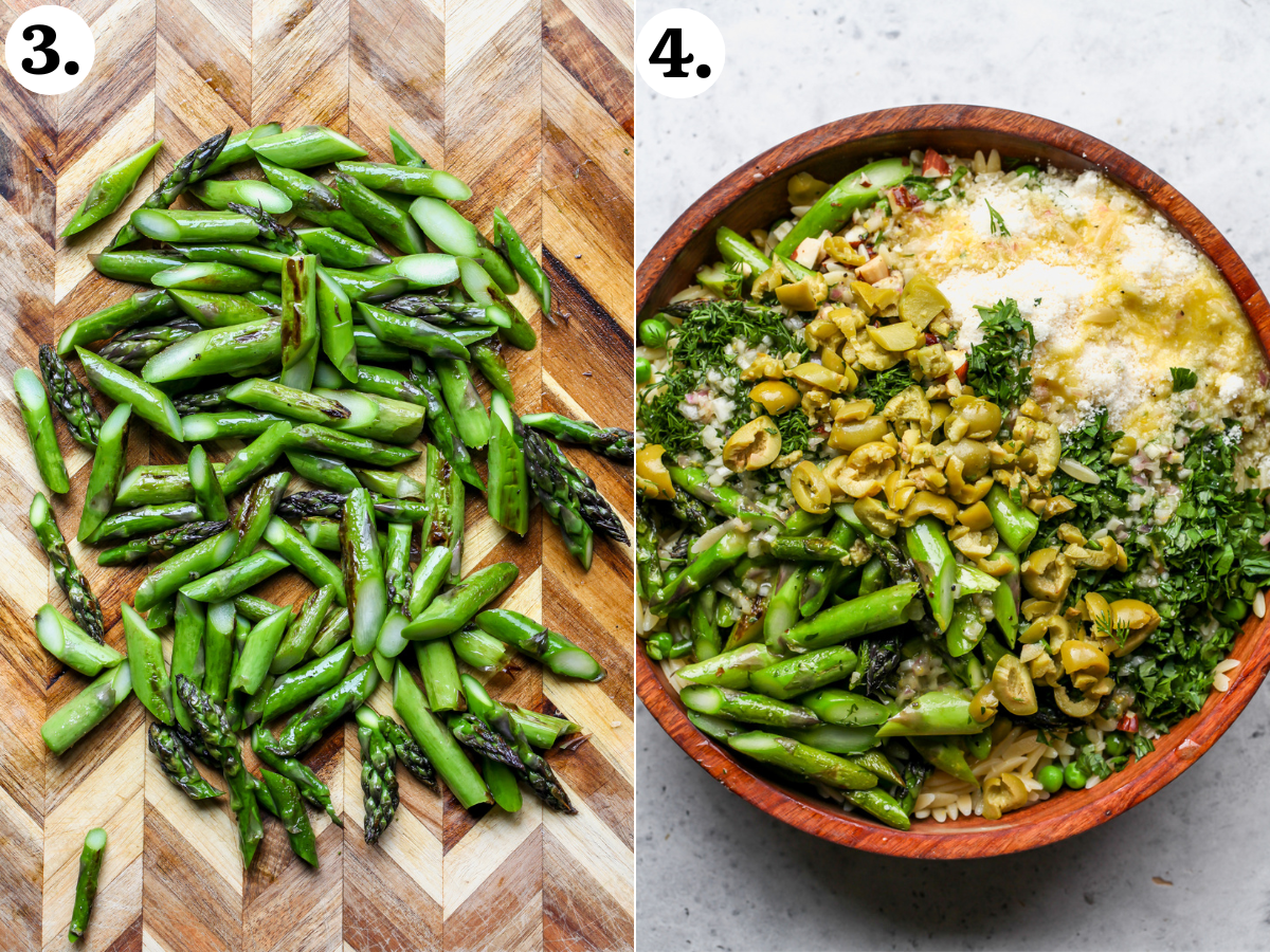 Cooked asparagus spears cut into small pieces on a cutting board, and orzo salad ingredients all combined in a large wooden bowl.