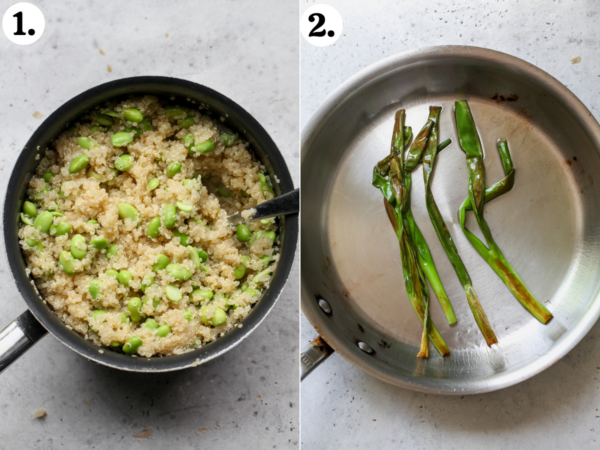 Edamame and quinoa being cooked in a saucepan, and scallions being charred in a stainless steel pan.