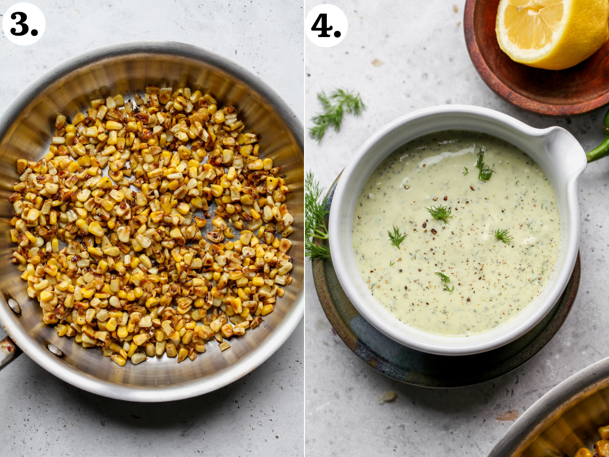 Corn kernels being cooked in a skillet, and scallion ranch dressing styled in a small white serving bowl.