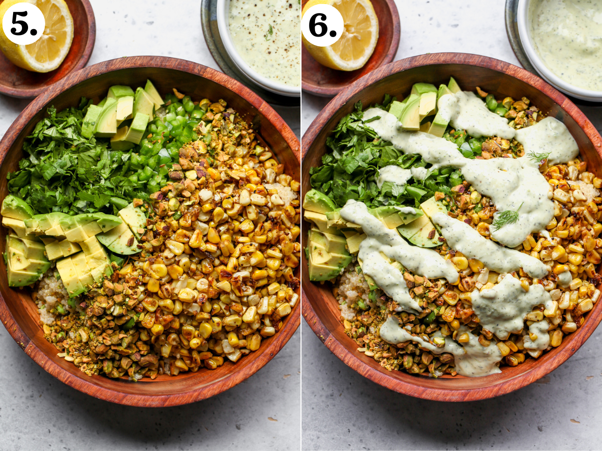 Edamame, quinoa, corn, avocado, herbs, and jalapeño assembled in a bowl and dressing being poured overtop.