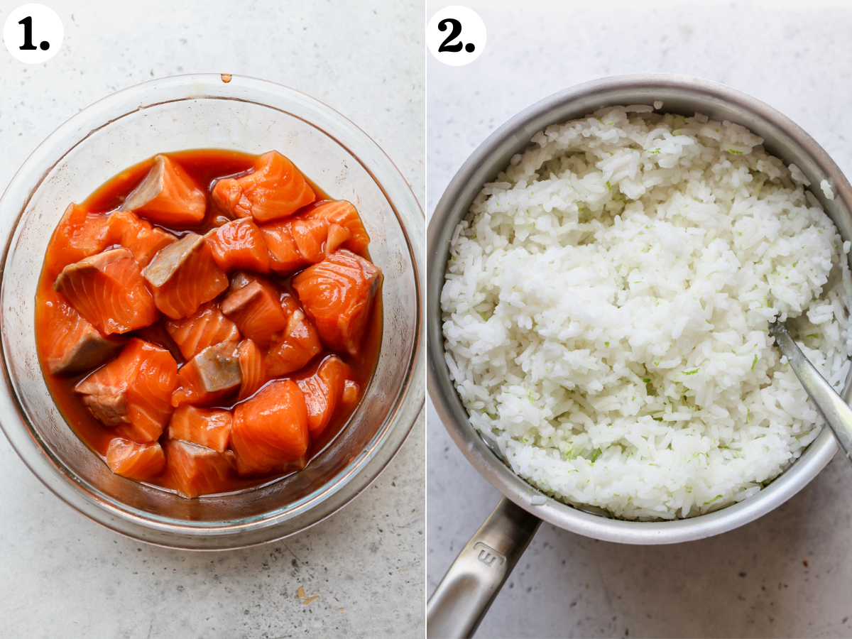 Cubes of salmon being marinated in a large clear bowl, and coconut rice after cooking in a saucepan.