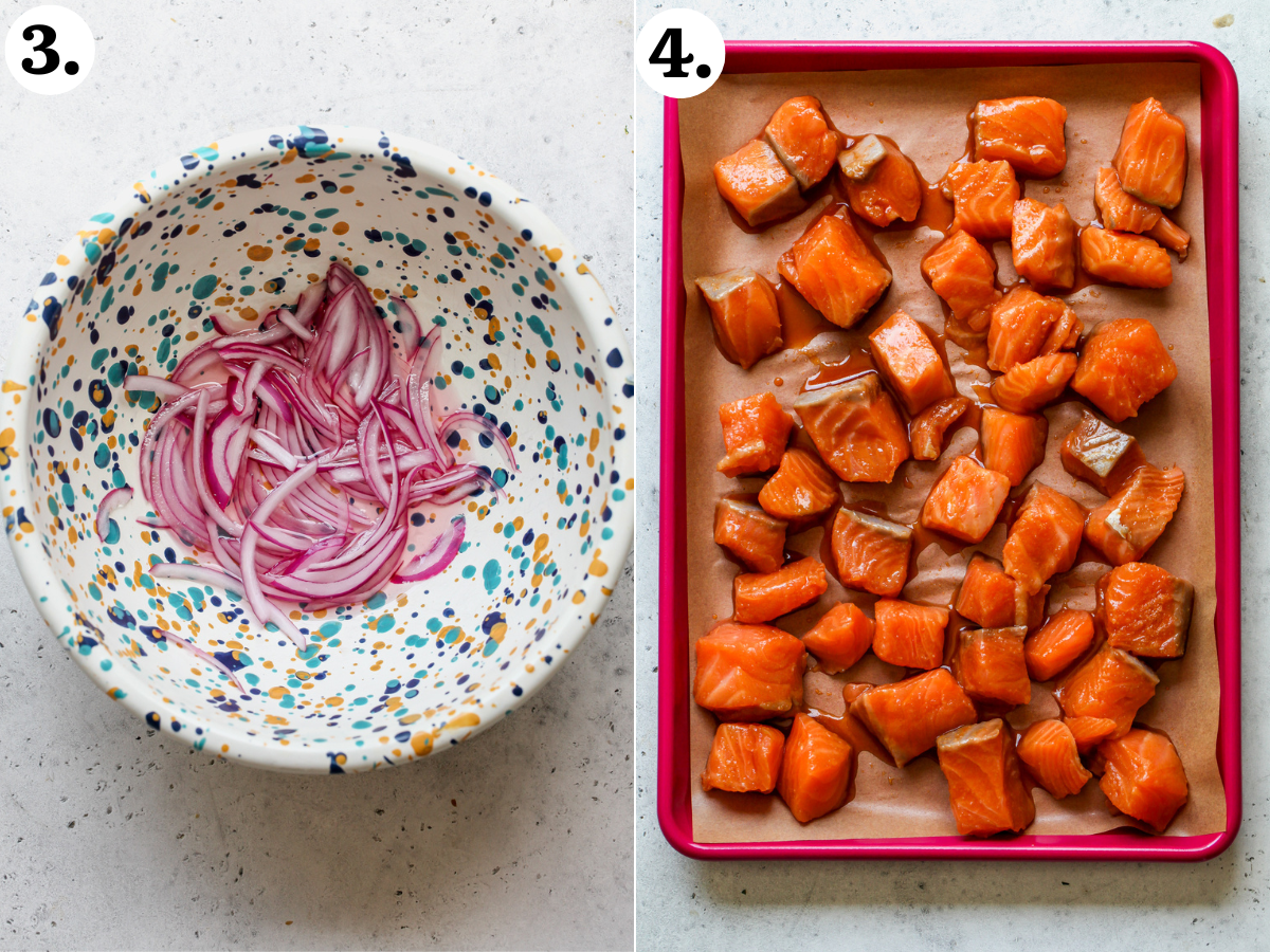 Pickled red onions in a speckled mixing bowl, and cubes of marinated salmon arranged on a baking sheet.