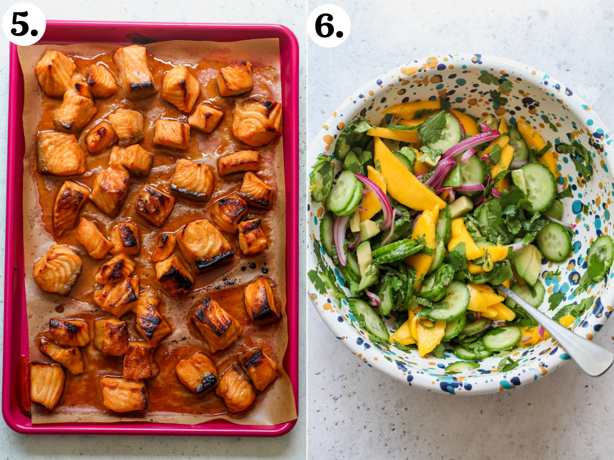 Cubes of hot honey salmon on a baking sheet after broiling, and a cucumber-mango salad being mixed in a speckled mixing bowl.